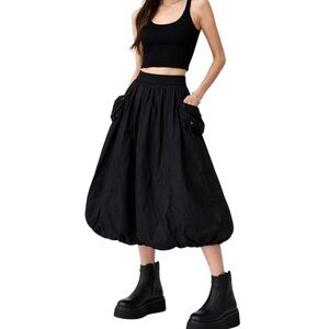 BABA Black Balloon-Hem Fold Over A-Line Midi Skirt Size M NWT Goth Emo Cottage